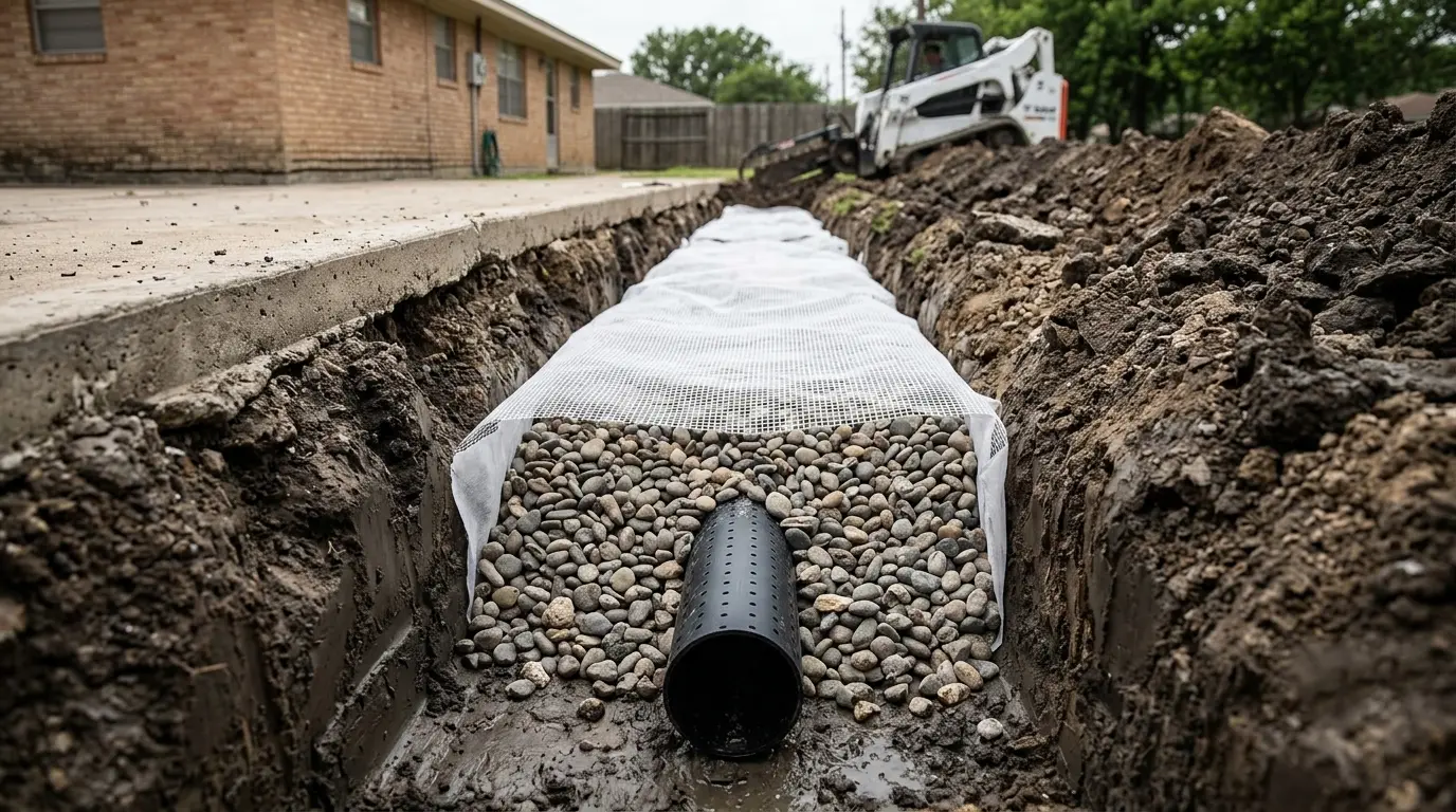 French drain trench at the edge of a Pasadena-area foundation showing perforated pipe laid in washed gravel