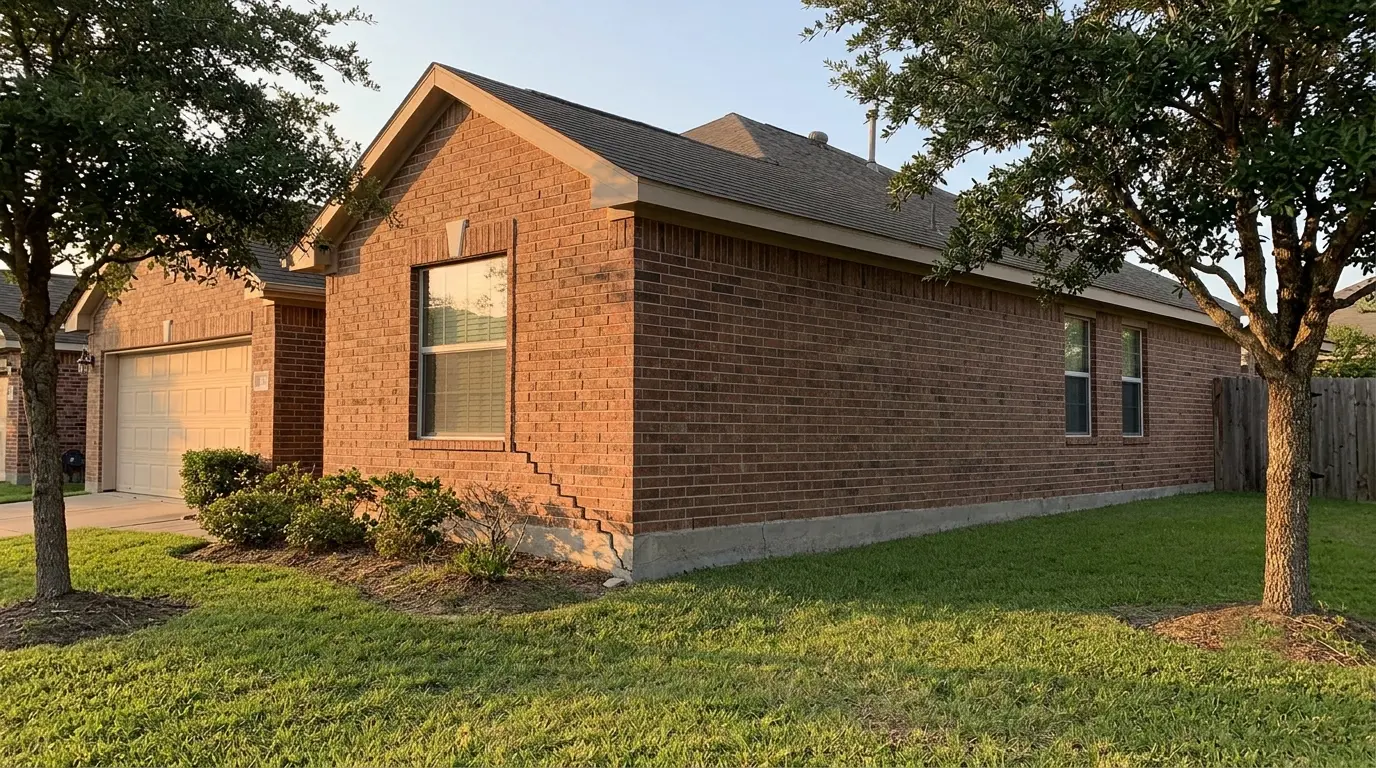 Single-story brick Pasadena-area home in late afternoon golden hour light with mature trees in the front yard