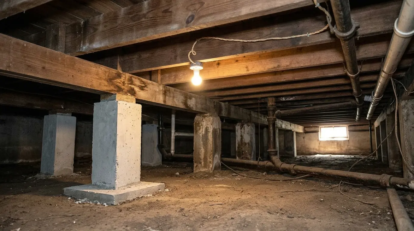 Crawl space interior showing wood floor joists above supported by a mix of freshly-replaced concrete piers and older settled piers, single lightbulb and vent window visible