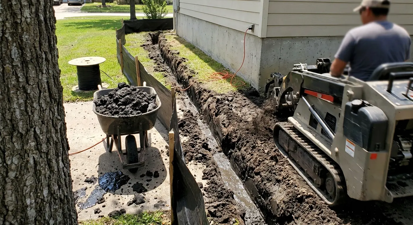 A French drain trench being dug alongside the foundation of a Pasadena home; the Houston black clay walls of the trench are visible.