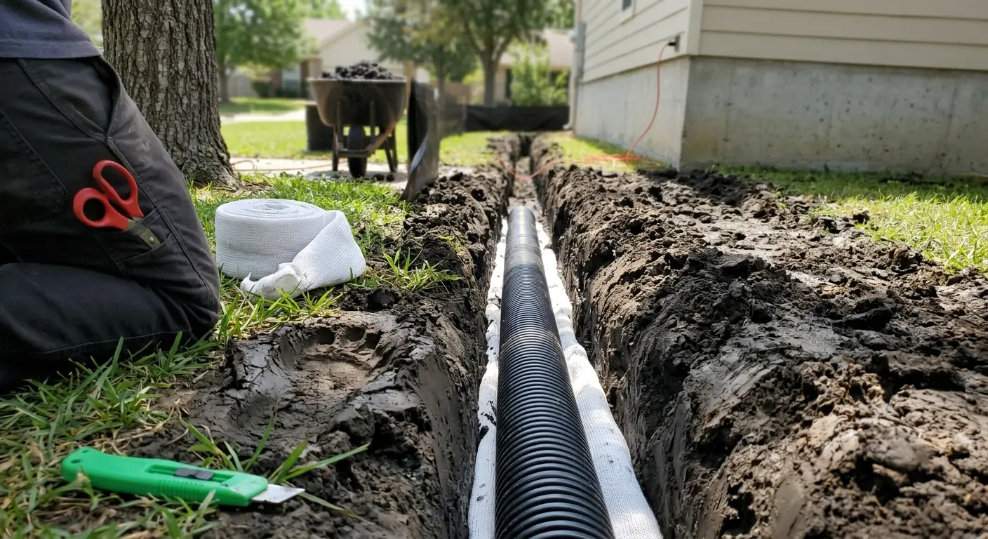 Perforated pipe laid in a foundation drainage trench with a sock filter, in Pasadena.
