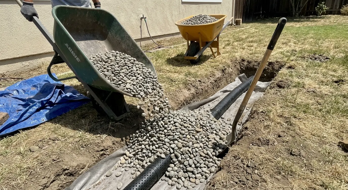 Washed gravel being poured to fill a French drain trench beside a Pasadena home.