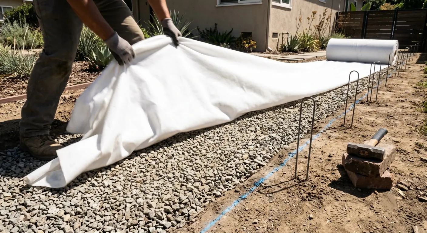 Filter fabric being wrapped over the gravel in a French drain trench at a Pasadena foundation.
