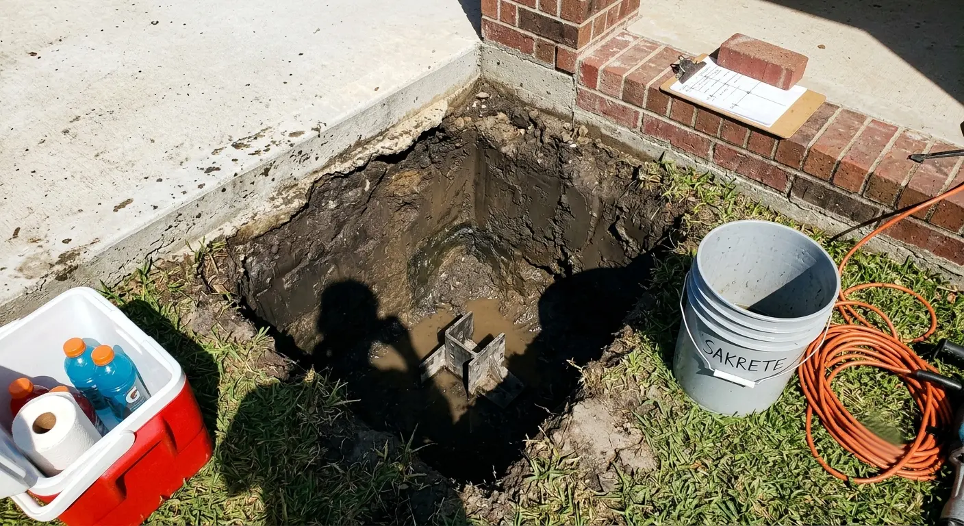 A small excavation pit at the corner of a Pasadena home's slab foundation; a steel push-pier bracket sits at the bottom of the pit, and a Sakrete bucket rests beside it.