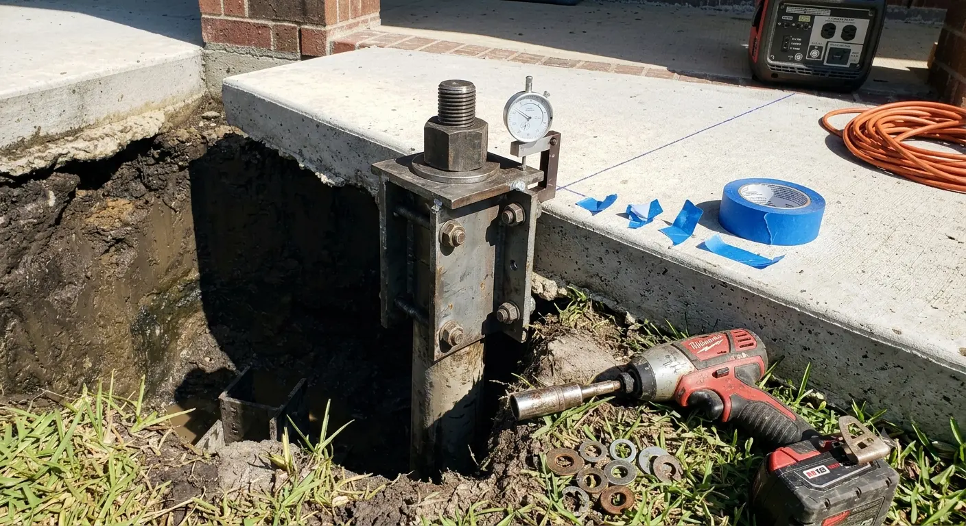 A pier bracket bolted to a Pasadena home's slab edge with a dial indicator mounted for measuring lift; washers and an impact driver lie nearby.