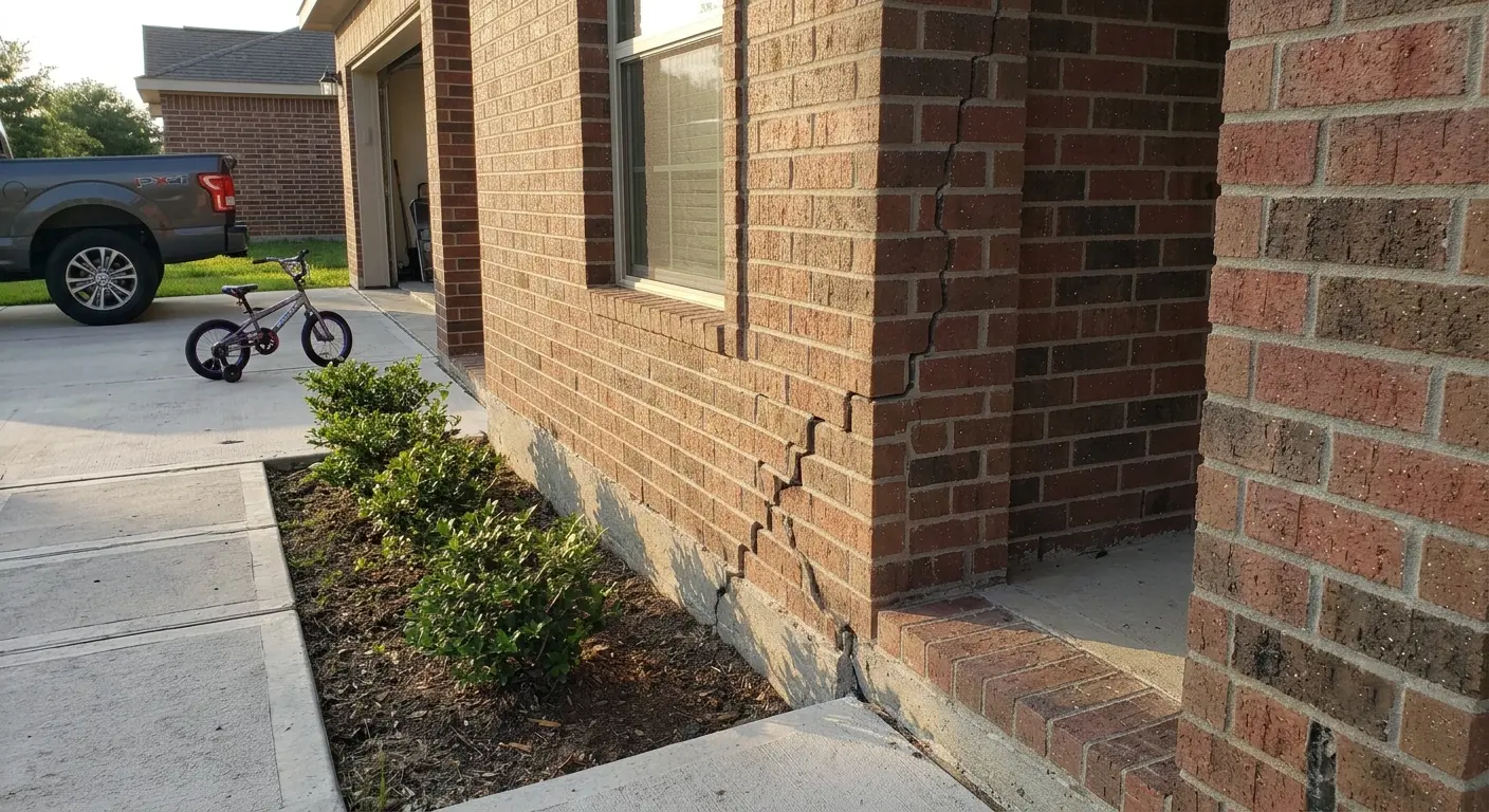 A stair-step crack in the exterior brick veneer of a Pasadena home, photographed by a foundation inspector; a clipboard with sketch notes leans against the wall nearby.