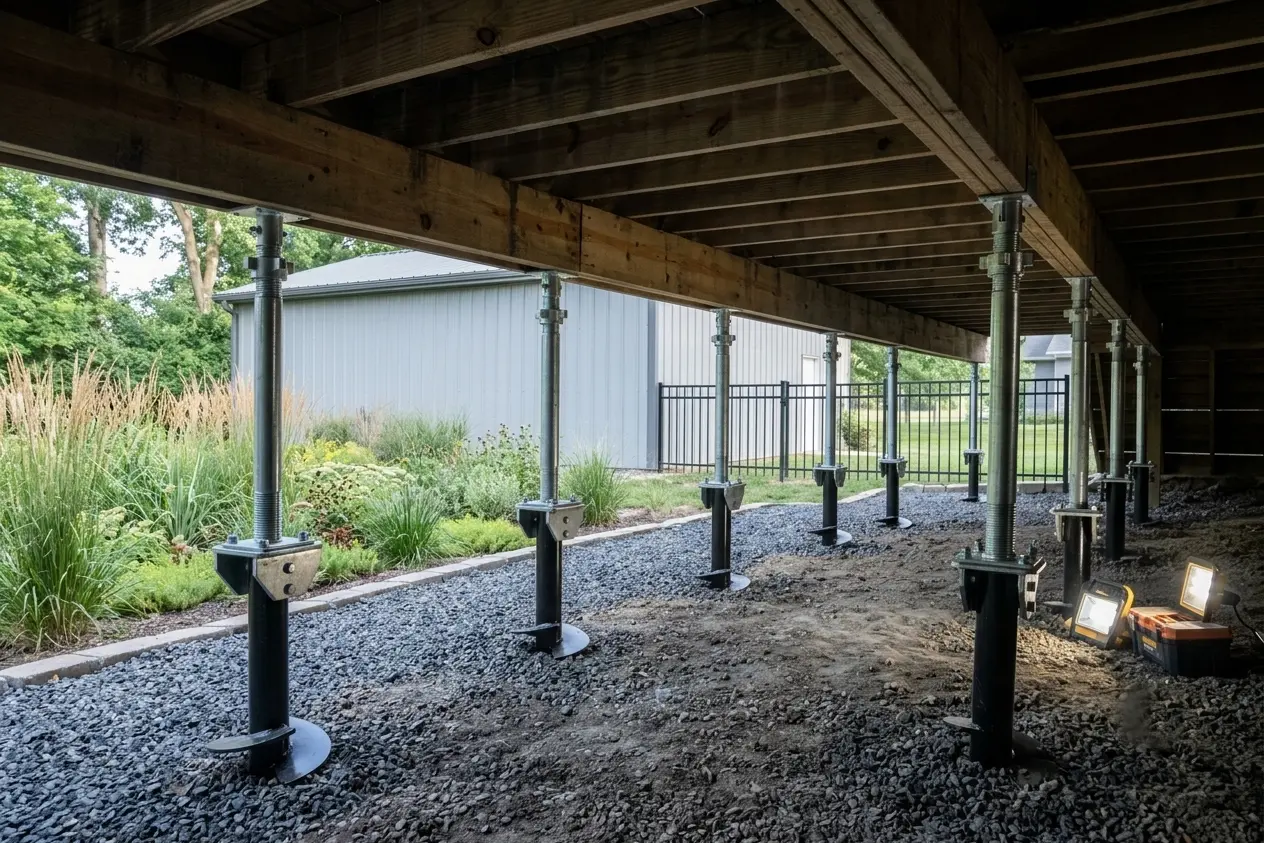 Crawl space view under an older Pasadena pier-and-beam home showing wood floor joists supported by concrete piers